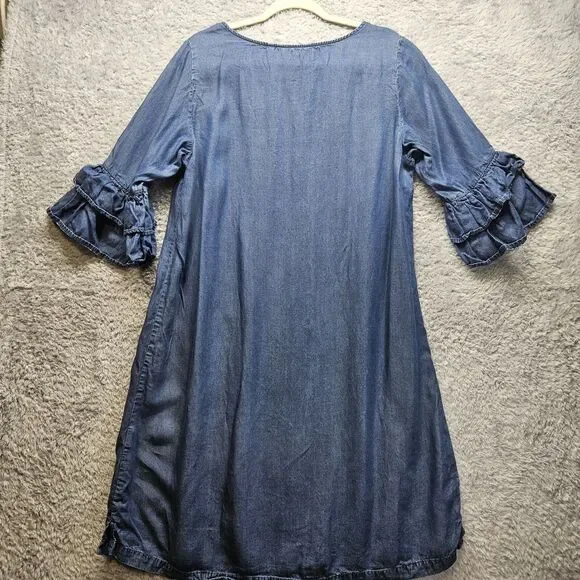 Soft Surroundings Blue Chambray Dress Size Large Knee Length 3/4 Ruffle Sleeve - Picture 11 of 11